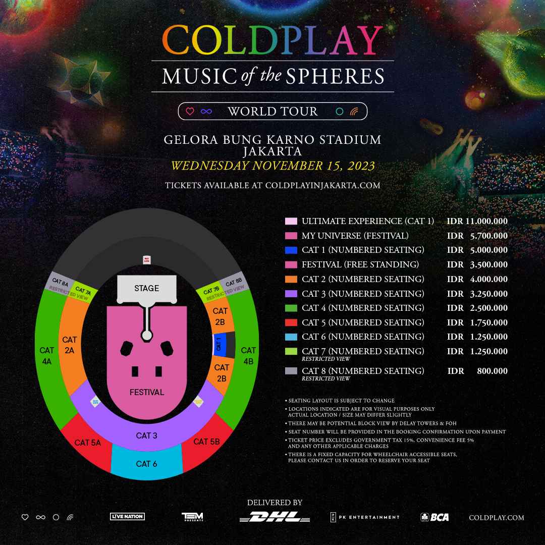 Coldplay Music of The Spheres World Tour Jakarta. Harga tiket konser coldplay. Seating layout konser coldplay. 