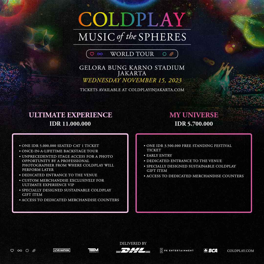 Coldplay Music of The Spheres World Tour Jakarta. Harga tiket konser coldplay. Seating layout konser coldplay. Ultimate experience. My universe.